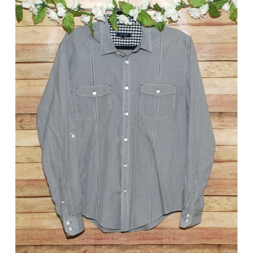 Ted Baker Men's Black & White Micro Gingham Button Up Shirt Size S Cotton